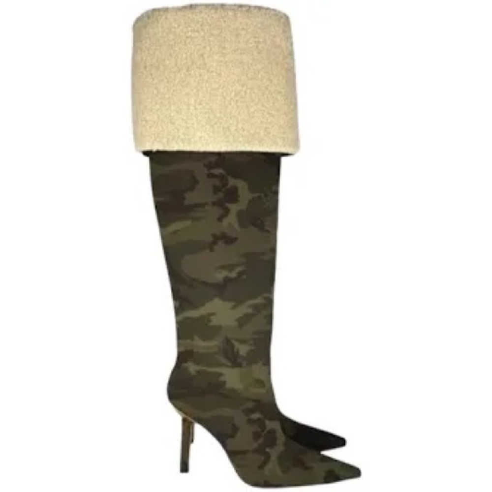 GOOD AMERICAN NWOB CAMO NEOPRENE SHERPA KICKSTAND THIGH HIGH BOOT